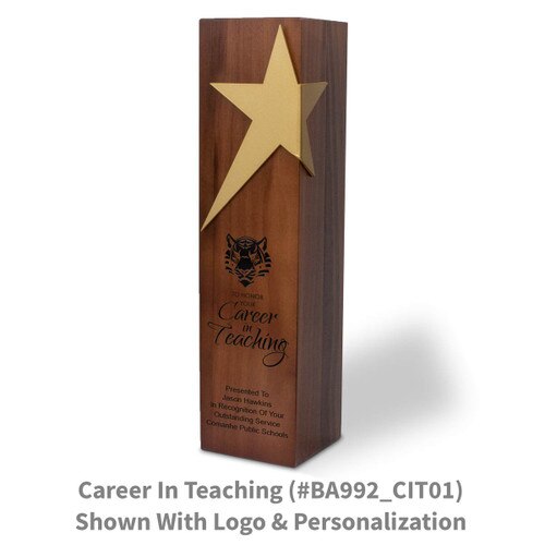 solid walnut trophy with brushed gold star accent and career in teaching message