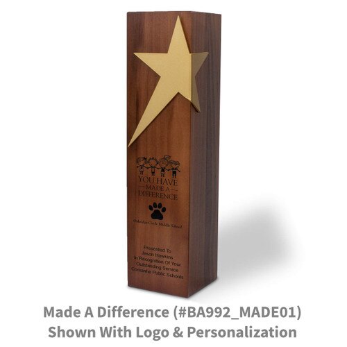 solid walnut trophy with brushed gold star accent and you have made a difference message