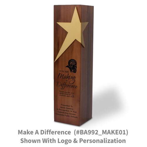 solid walnut trophy with brushed gold star accent and making a difference message