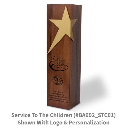 solid walnut trophy with brushed gold star accent and service to the children message