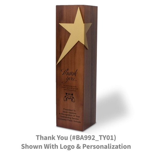 solid walnut trophy with brushed gold star accent and thank you message