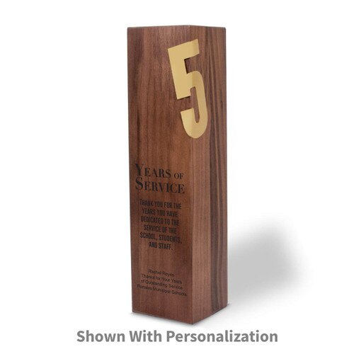square walnut column with brushed gold 5 years of service accents