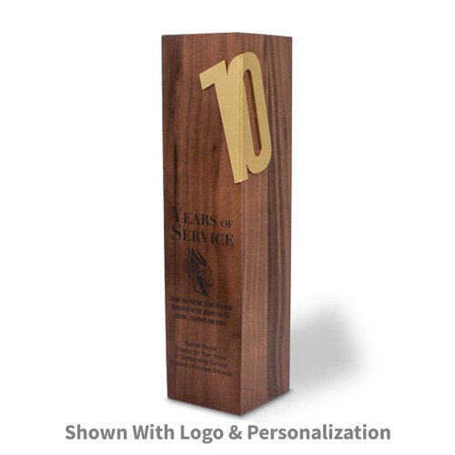 square walnut column with brushed gold 10 years of service accents
