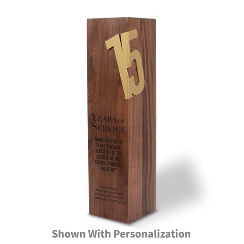 square walnut column with brushed gold 15 years of service accents