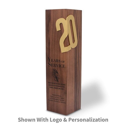 square walnut column with brushed gold 20 years of service accents