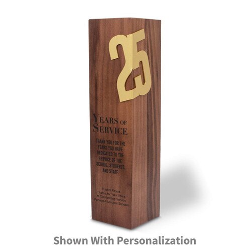 square walnut column with brushed gold 25 years of service accents