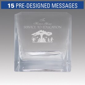 Square crystal recognition bowl featuring etched pre-designed service to education messages.