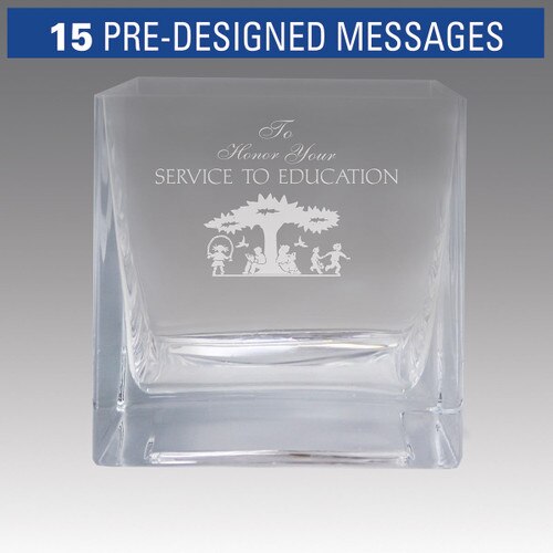 Square crystal recognition bowl featuring etched pre-designed service to education messages.