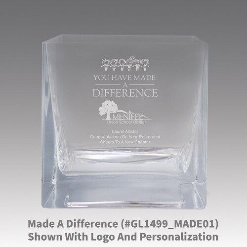 square crystal recognition bowl with made a difference message