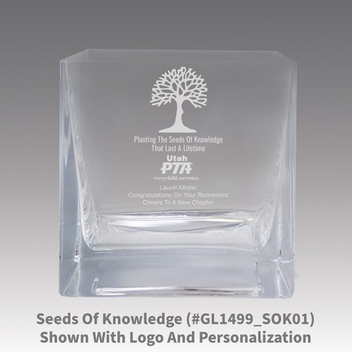 square crystal recognition bowl with seeds of knowledge message