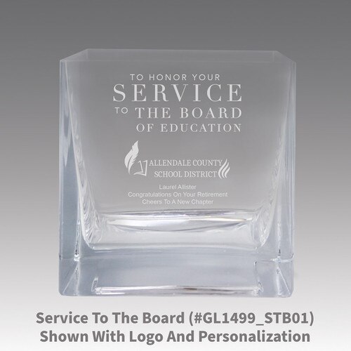 square crystal recognition bowl with service to the board message