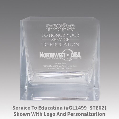 square crystal recognition bowl with service to education message