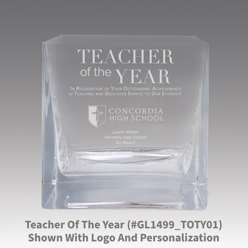 square crystal recognition bowl with teacher of the year message