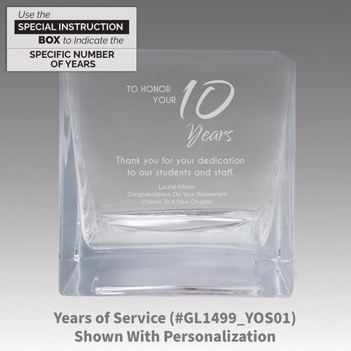 square crystal recognition bowl with years of service message