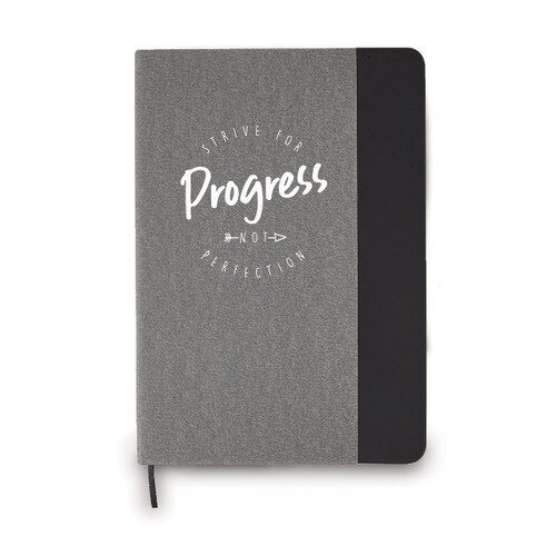 This Heather Gray Hardbound Journal With A Color Block Accent Features The Inspirational Message “Strive For Progress Not Perfection”