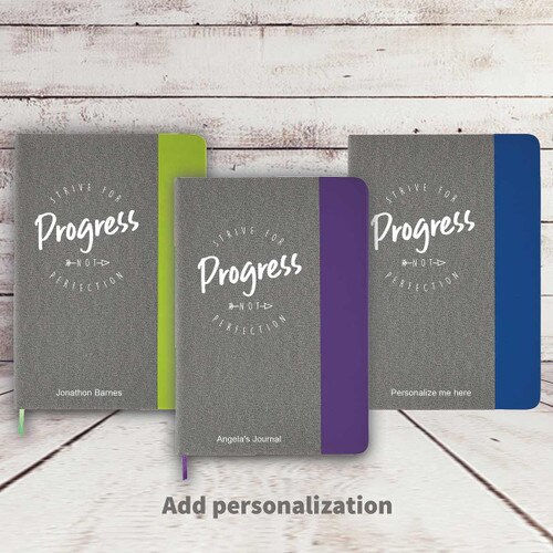 heather gray hardbound journals with green, purple and blue accents with Strive For Progress message and personalization