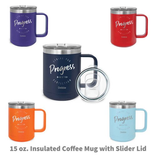 multiple colors of insulated coffee mugs with Strive For Progress message