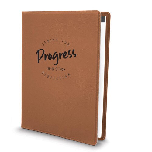 This Large Vegan Leather Padfolio With Notepad Features The Inspirational Message “Strive For Progress Not Perfection”