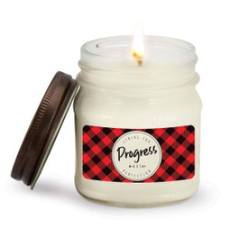 This Mason Jar Natural Soy Handmade Candle with Rustic Lid Features The Inspirational Message “Strive For Progress Not Perfection”