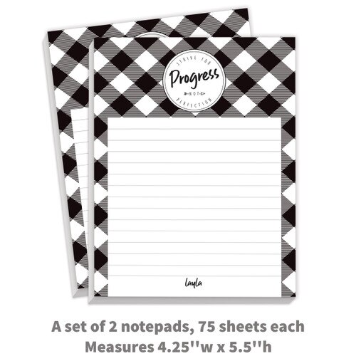 2 personalized notepads with “Strive For Progress Not Perfection” message