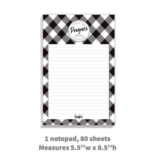 personalized notepad with “Strive For Progress Not Perfection” message