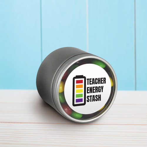 round tin with teacher energy stash message and skittles