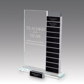 Premium Jade Glass Perpetual Plaque featuring a Teacher of the Year message. Includes 12 aluminum blocks for monthly recognition.