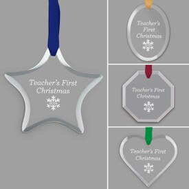 different shapes of crystal ornament with teacher's first christmas message and satin ribbon