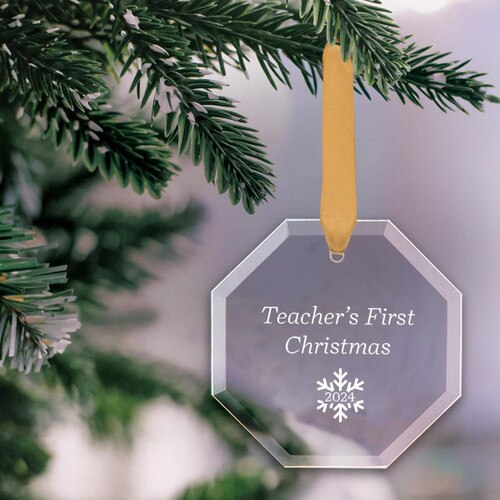 octagon shaped crystal ornament with teacher's first christmas message and gold satin ribbon