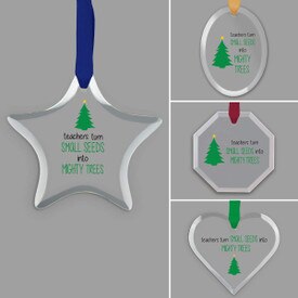 different shapes of crystal ornament with teacher's tree of life message and satin ribbon