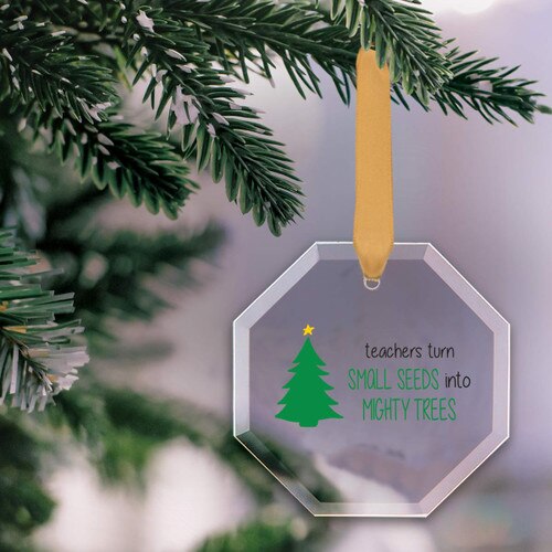 octagon shaped crystal ornament with teacher's tree of life message and gold satin ribbon