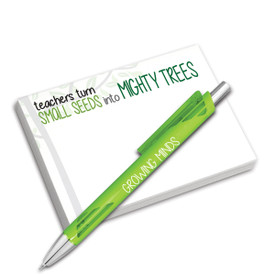 4x3 sticky notepad and pen combo. 100 sheets featuring the message Teachers Turn Small Seeds Into Mighty Trees. Includes green mechanical pen.