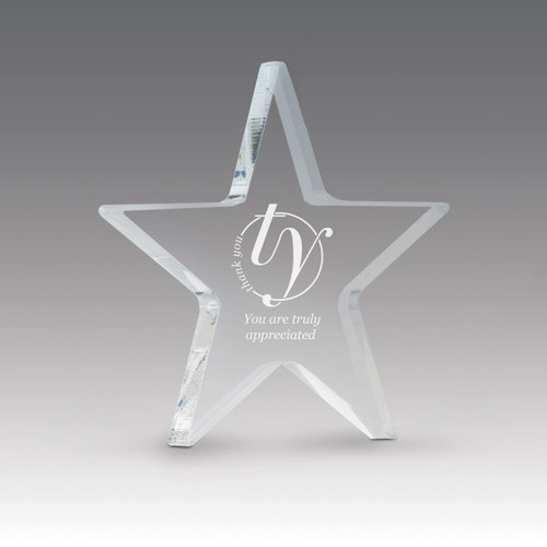 acrylic star paperweight with thank you message
