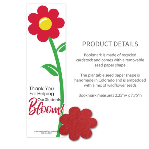 bookmark with thank you for helping message and product details