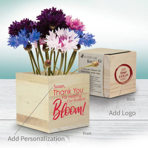 colorful flowers in a wooden cube with thank you message and add you logo