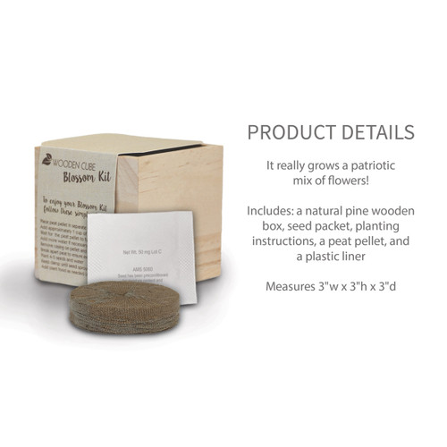 wooden cube with peat pellet and seed packet with product details