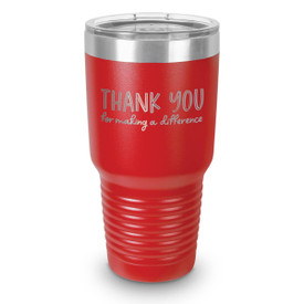 red 30 oz. stainless steel tumbler with thank you message