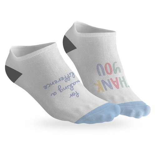 pair of no-show socks with a black heel and thank you message on top