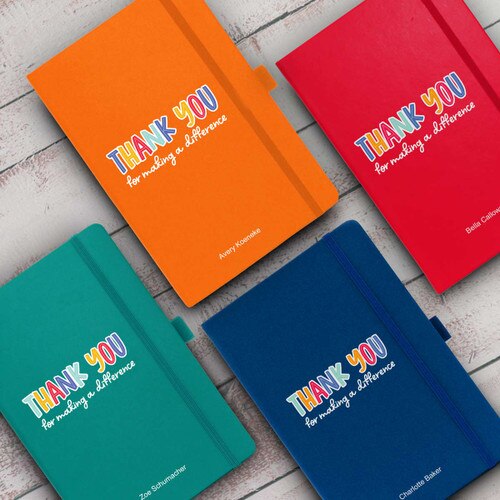 multiple colors of thank you journals with personalization