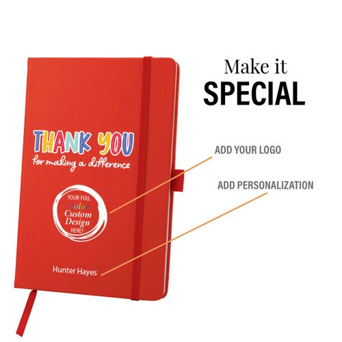 red journal with thank you message and add your logo