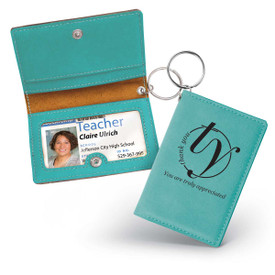 teal leather id holder with thank you message