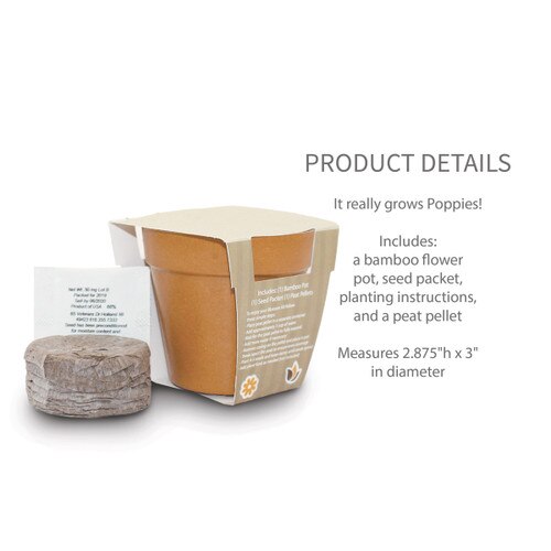 flower pot with peat pellet and seed packet with product details