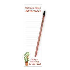 Notepad with the message “What you do makes a difference! Thank you from my head to-ma-toes!” and a pencil with cherry tomato seeds.