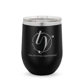 black 12 oz. stainless steel tumbler with thank you message