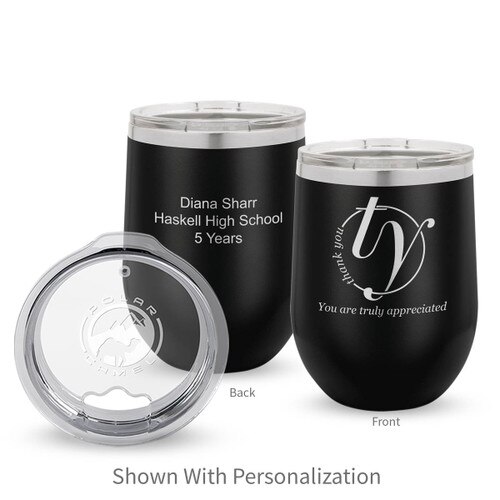 black 12 oz. stainless steel tumbler with thank you message and personalization