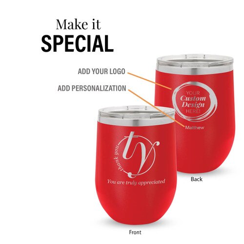 red 12 oz. stainless steel tumbler with thank you message and add your logo