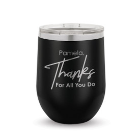 black 12 oz. stainless steel tumblers with thanks message and personalization