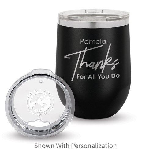 black 12 oz. stainless steel tumblers with thanks message and personalization