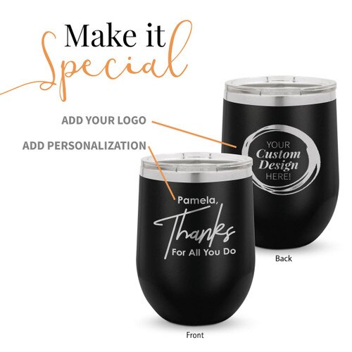 black 12 oz. stainless steel tumbler with thanks message and add your logo
