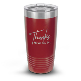 red stainless steel tumbler with thanks message and personalization